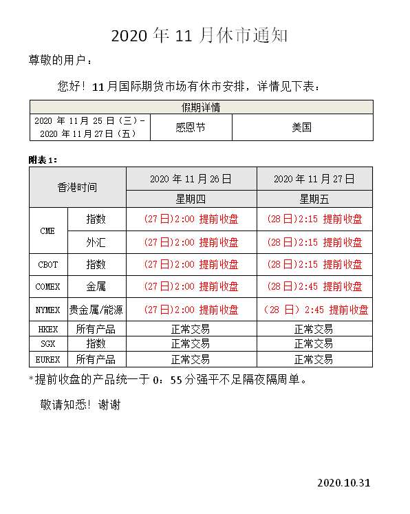 【元大期货官网】11月休市通知